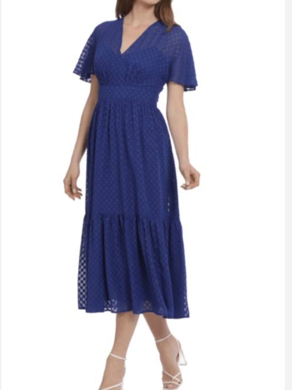 Maggy London Blue Swiss Dot Midi Dress Size 4 NWT Short Sleeve V-Neck Fit Flare